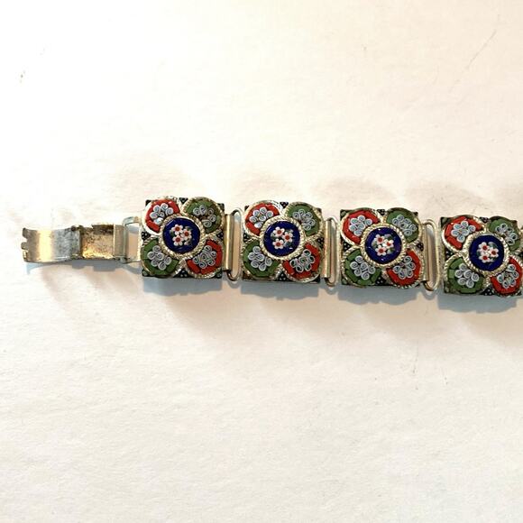 Vintage Italian Micro Mosaic Bracelet Floral Millefiori Glass Link Panel Jewelry - Picture 7 of 16
